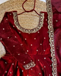 W27322 Bakrid special Rich sequence embroidery Gown + Dupata - L-40, Reddish Maroon