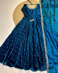 W27322 Bakrid special Rich sequence embroidery Gown + Dupata - L-40, Teal blue