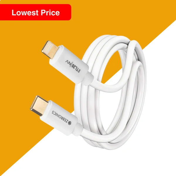 ZEBRONICS 20W Fast Charging 1m Type-C to Lightning Cable for iPhones, iPads & Other Lightning Devices, Rapid Charge & Sync, Durable & Tangle-Free Design, Zeb-TL20 , White