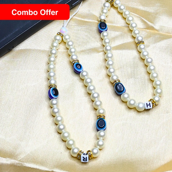 Combo Pack - Off-White and Golden Premium Quality Beaded Phone Charm, 2/3 Evil Eye Charms, Stylish Accessory, Lightweight, Durable