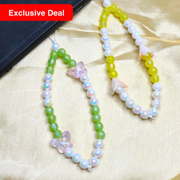 Combo Pack - Yellow and White Beaded Phone Charm with Flower Charm & Green and White Beaded Phone Charm with Butterfly Charm, Stylish Accessory, Lightweight, Durable