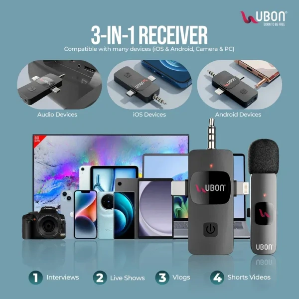 UBON GT-425 Wireless Collar Microphone | 8-Hour Playtime, 20m Range, Ultra-Clear Audio, High Sensitivity, Plug & Play, 3 in 1 Connector, Compatible with all Audio, IOS, Android devices
