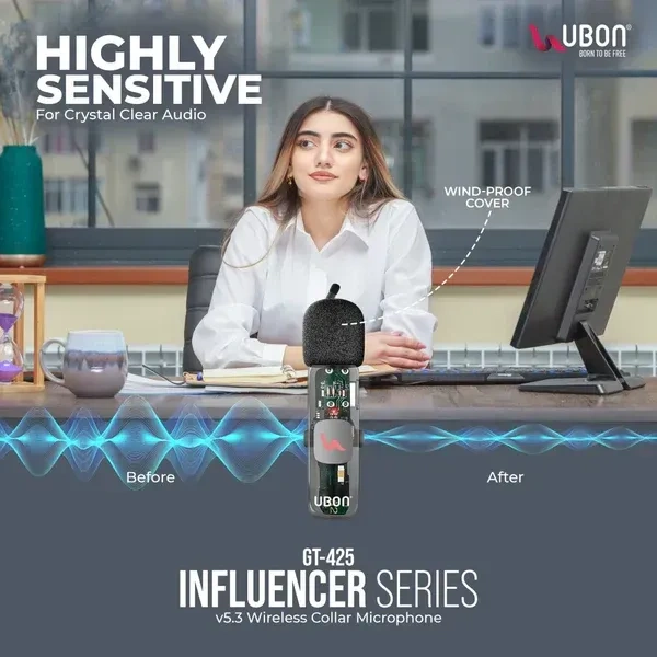 UBON GT-425 Wireless Collar Microphone | 8-Hour Playtime, 20m Range, Ultra-Clear Audio, High Sensitivity, Plug & Play, 3 in 1 Connector, Compatible with all Audio, IOS, Android devices