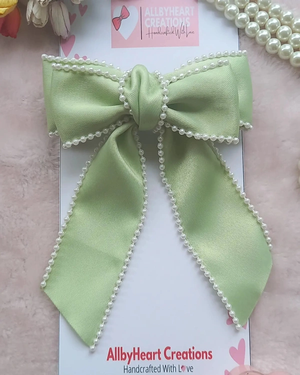 SATIN PEARL RIBBON BOWS - LIGHT GREEN