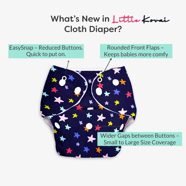Little Kovai Leak-Proof Reusable Premium Cloth Diaper - Star (Incl. Ultra-soft 5 layer insert) - Free Size (3M - 2Y)