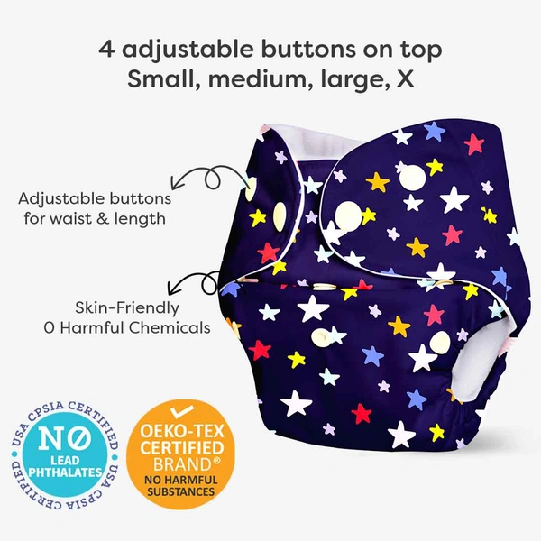 Little Kovai Leak-Proof Reusable Premium Cloth Diaper - Star (Incl. Ultra-soft 5 layer insert) - Free Size (3M - 2Y)