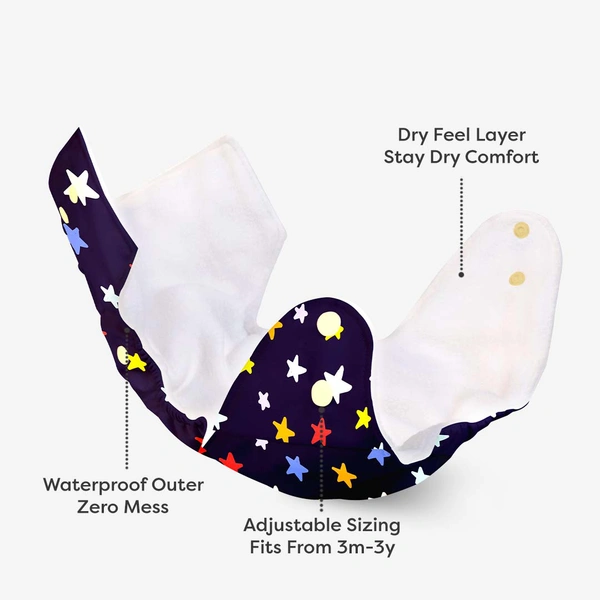 Little Kovai Leak-Proof Reusable Premium Cloth Diaper - Star (Incl. Ultra-soft 5 layer insert) - Free Size (3M - 2Y)