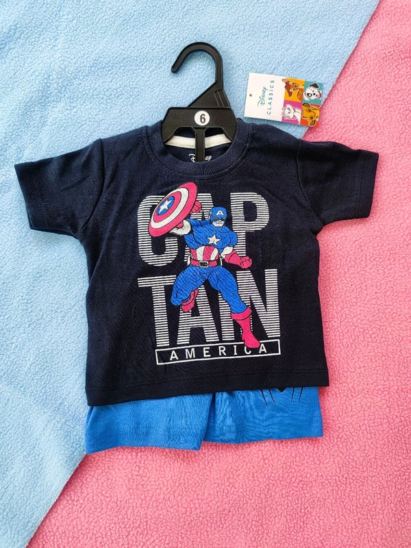 Disney Classics Premium Boy's Cotton Half Sleeves T-Shirt and Shorts Set - Dark Blue Captain - 6 Months
