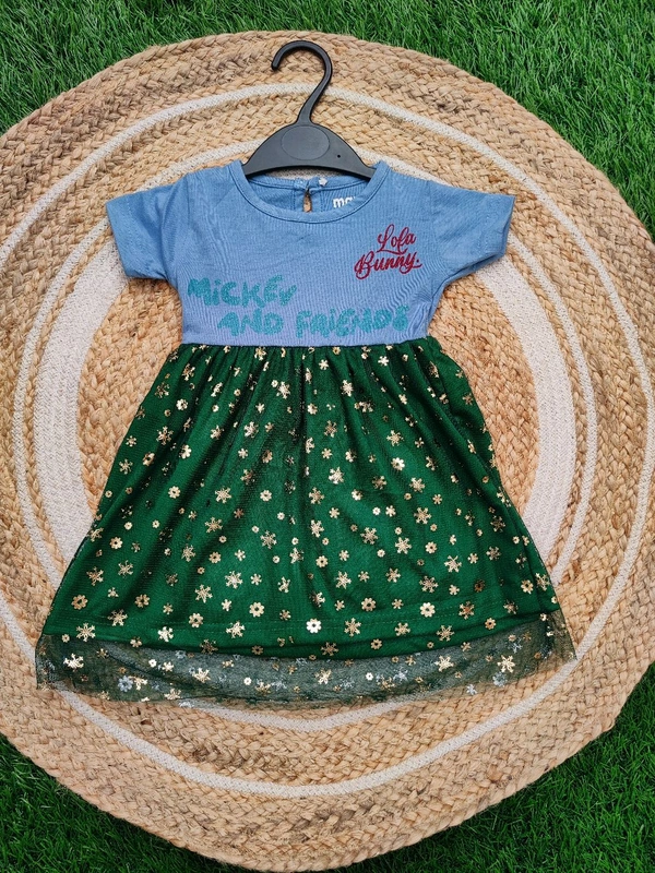 Girls Premium Satin Tulle Mesh Frocks - Green Mickey - 6 - 12 M