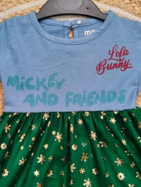 Girls Premium Satin Tulle Mesh Frocks - Green Mickey - 6 - 12 M