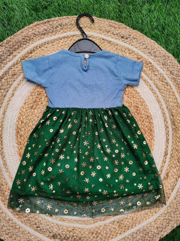 Girls Premium Satin Tulle Mesh Frocks - Green Mickey - 6 - 12 M