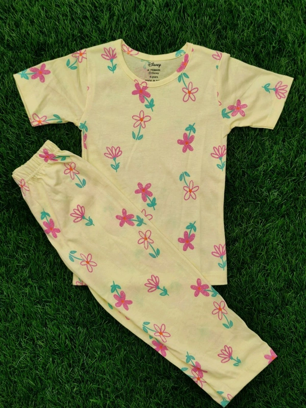 Disney Half Sleeve Pyjama set (Co-ord set) for Boys & Girls - Yellow Pink Flower - 1 Year