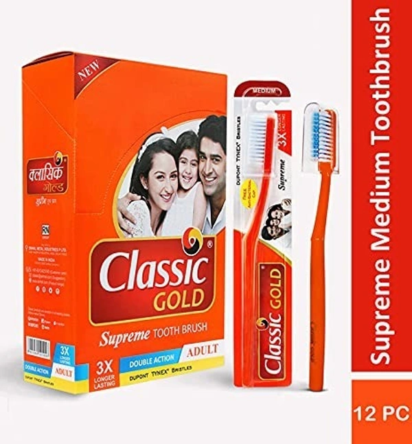 CLASSIC GOLD Classic Gold Supreme Medium Manual Toothbrush For Adults Pack Of 12 With Anti Bacterial Cap And Also Dupont Tynex Bristles