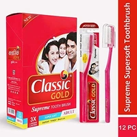 CLASSIC GOLD Classic Gold Supreme Super Soft Manual Toothbrush For Adults Pack Of 12 With New Anti Bacterial Crystal Clear Cap And Also Premium Dupont Bristles