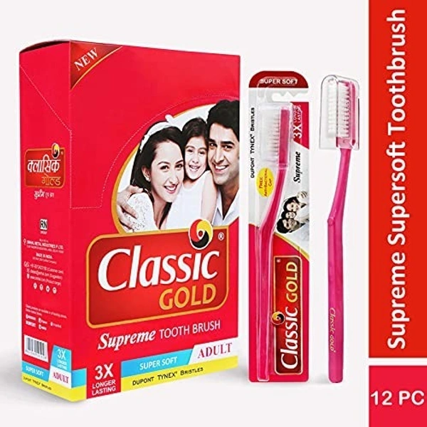 CLASSIC GOLD Classic Gold Supreme Super Soft Manual Toothbrush For Adults Pack Of 12 With New Anti Bacterial Crystal Clear Cap And Also Premium Dupont Bristles