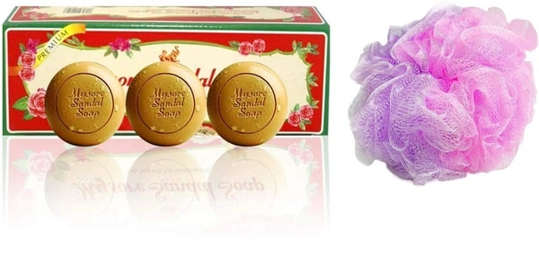 Mysore Sandal Soap Set with Round Loofah (4 Items in the set)