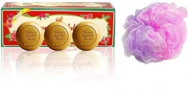 MYSORE SANDAL Mysore Sandal Sandal Jasmine & Rose Soap (150 G X 3) With Round Loofah (4 Items in the set)