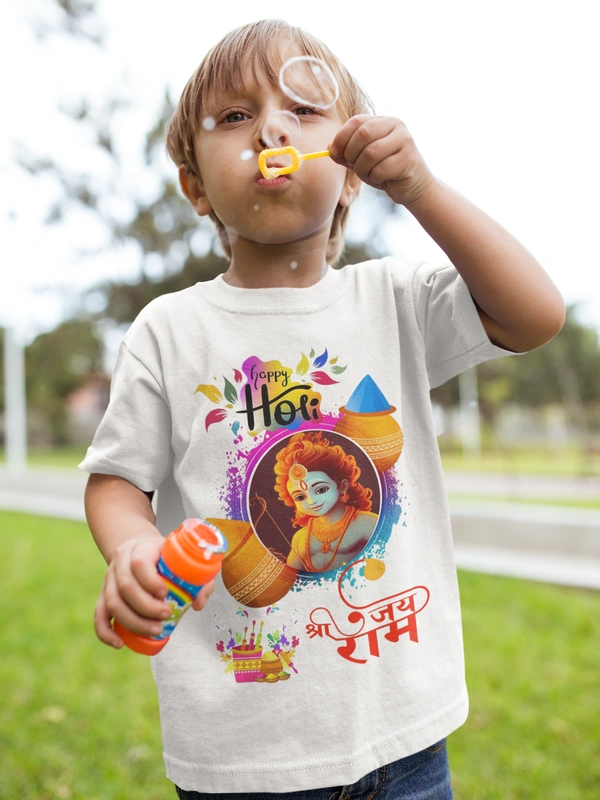 BBG Shri Ram Happy Holi Design Printed Holi Tshirt for 160 gsm polyester - 10-12