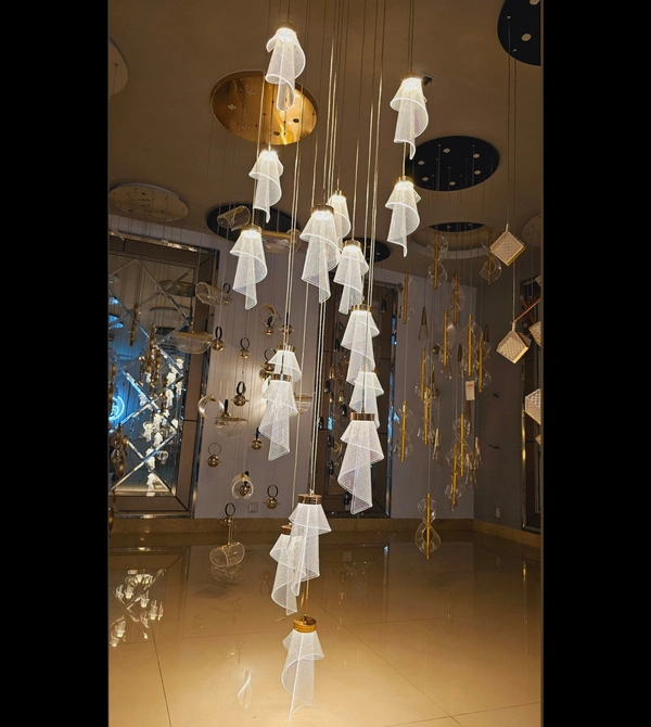 delamps Modern Mangue Prune Doudble Height Ceiling Chandelier | Hanging Pendant Light Fuxture for Living Room, Staircase, Foyer, Hotel & Home Decor - Golden(12 Pendants) Acrylic