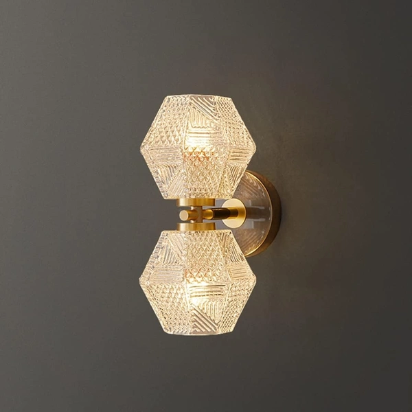 Glass Crystal Wall Sconces Gold Wall Light 2-Light Brass Finish Bathroom Vanity Light Fixture Modern Mid Century Wall Mount Light for Bedroom Living Room Hallway