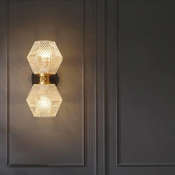 Glass Crystal Wall Sconces Gold Wall Light 2-Light Brass Finish Bathroom Vanity Light Fixture Modern Mid Century Wall Mount Light for Bedroom Living Room Hallway