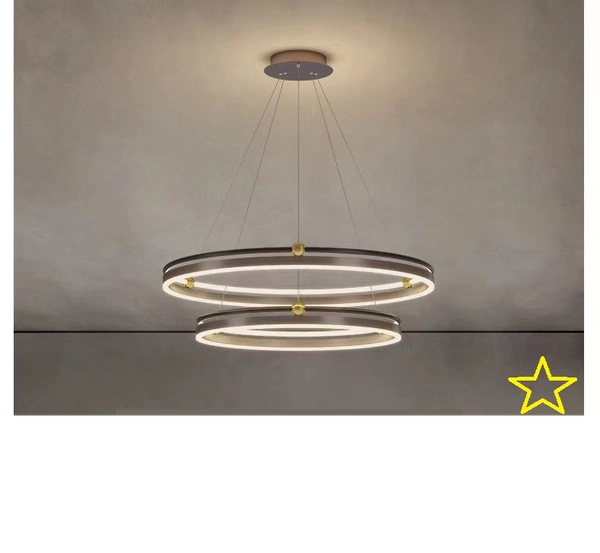 DELAMPS Creative Ring Chandeliers, 23.6in + 15.7in Metal Round Hanging Lights with Acrylic Decorative Lighting Shade Suspension Lamp, Modern 72W LED Pendant Light, Dining Room Drop Lamps