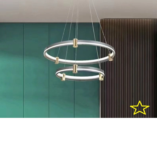 DELAMPS 2-Lights Ring Acrylic Pendant Light Fixture, Gold Simple Metal Dining Room Hanging Lights, 360° Decorative Lighting Suspension Lamp, Modern LED Living Room Chandeliers