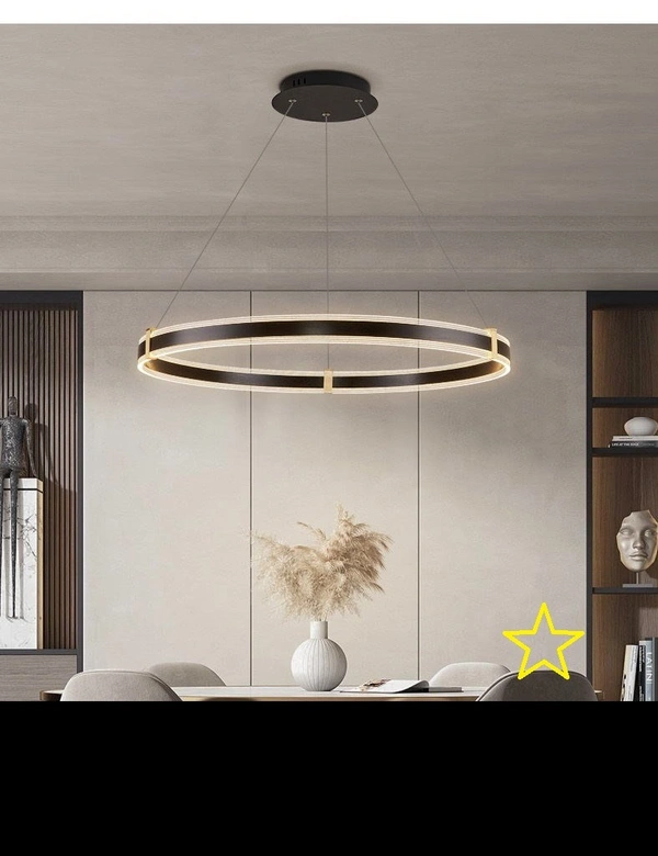 DELAMPS Ring Chandeliers Fixtures, Minimalist Slim Hanging Circular LED Chandeliers Metal Pendant Lighting Fixtures for Living Room (23.6 inch, Brown- 3 Way Switch)