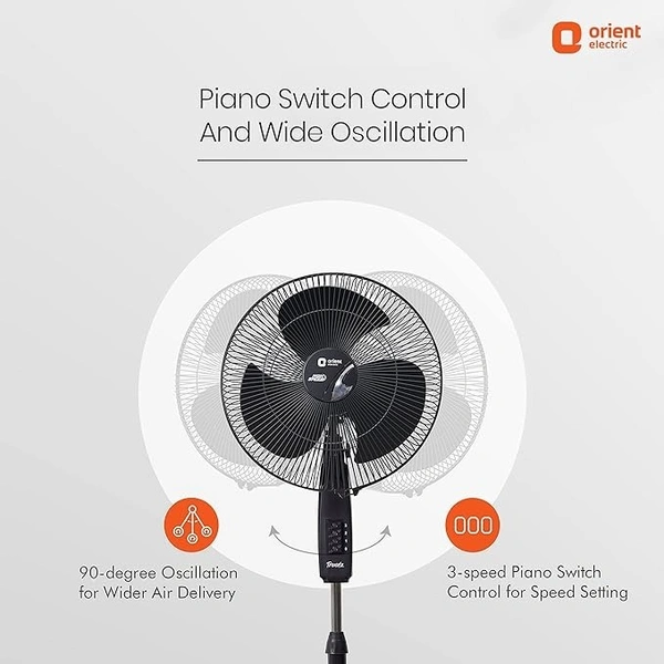 Orient Electric High Speed 400 MM Stand 37 Trendz Pedestal Fans with 3-Speed Piano Switch Control | Adjustable Height | 90-Degree Oscilation | 100% Copper Motor | 2 Years Warranty | Slate Grey - 400 mm, Slate Grey