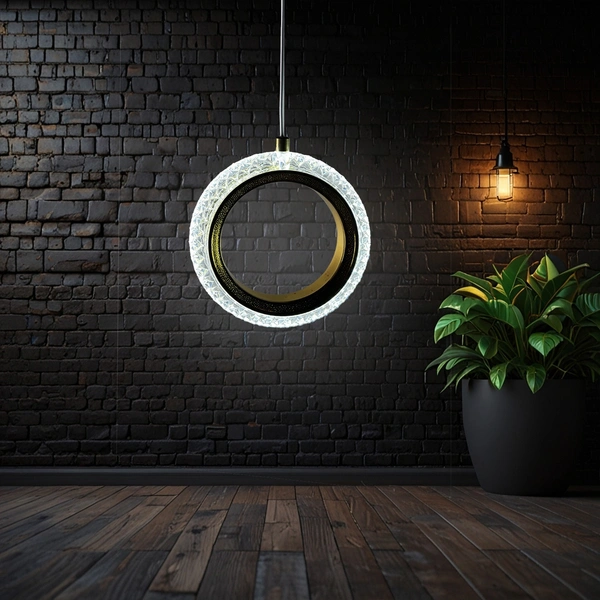 DELAMPS Ring Hanging Pendent Light for Bedroom, Living Room, Interior Design, Balcony(AC, Metal & Crystal)
