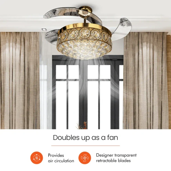 ORIENTELECTRIC Eleganza Luxury Chandelier Ceiling Fan with Retractable Blades, Mood Lighting & Remote 1200mm EZ02 - 1200 mm, Gold