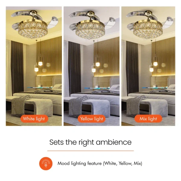 ORIENTELECTRIC Eleganza Luxury Chandelier Ceiling Fan with Retractable Blades, Mood Lighting & Remote 1200mm EZ02 - 1200 mm, Gold