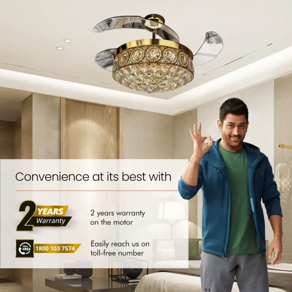 ORIENTELECTRIC Eleganza Luxury Chandelier Ceiling Fan with Retractable Blades, Mood Lighting & Remote 1200mm EZ02 - 1200 mm, Gold