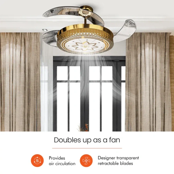 Eleganza Luxury Chandelier Ceiling Fan with Retractable Blades, Mood Lighting & Remote, EZ01 - 1200 mm, gold