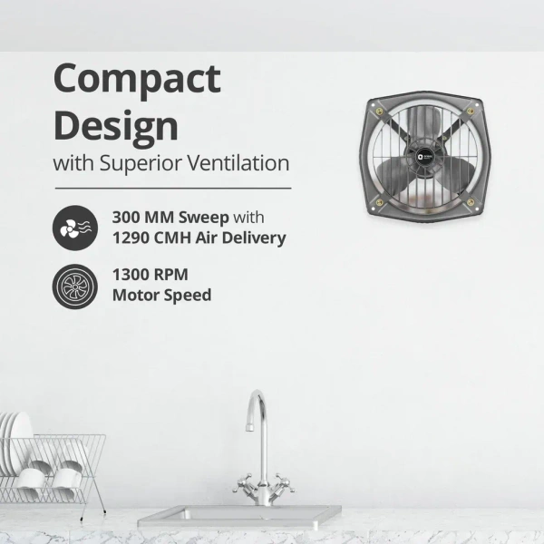 Orient Electric Hill Air 230mm Electric Exhaust Fan for Bathroom and Kitchen | Front-guard and Powder-coated Body | 2-year Warranty (Dark Grey) - 300mm, Dark Grey