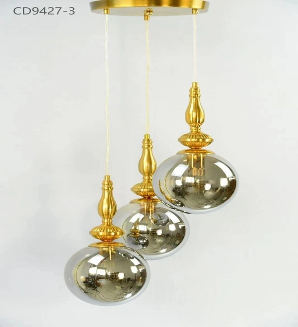 DELAMPS Lighting Glass Globe Pendant Light Fixture 3-Light Hanging Ceiling Light with 59” Adjustable Cord Globe Chandelier Gold for Kitchen Island Dining Room Bedroom (Smoke Grey)