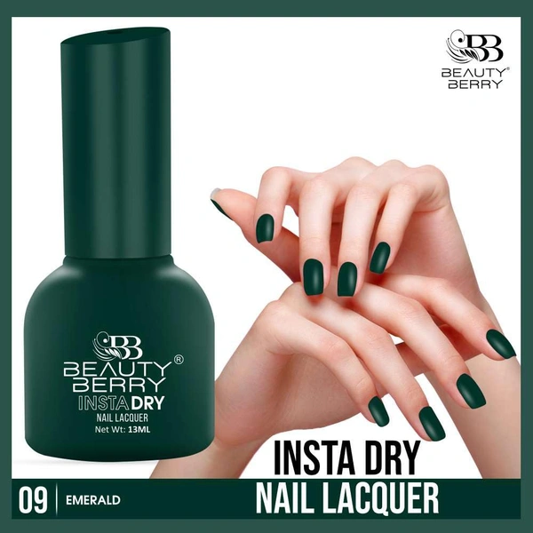 Beauty Berry Insta Dry Nail Lacquer Emerald 09 - 13ml | Quick-Dry & Long-Lasting | High Shine & Smooth Application | Vibrant Green Shade for Bold Nails