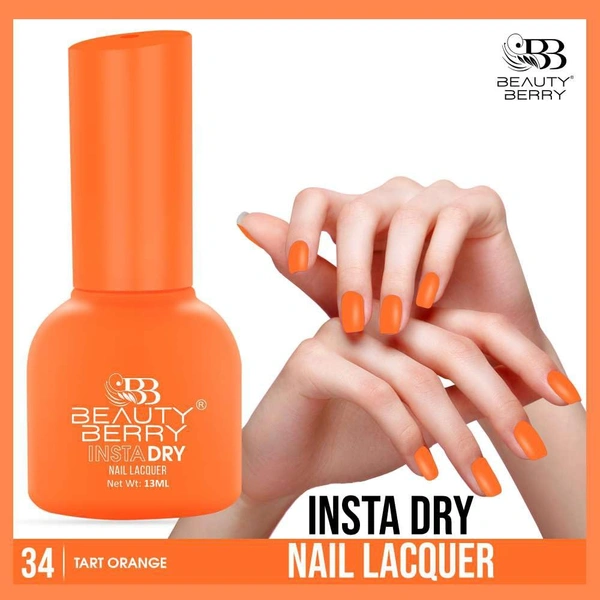 Beauty Berry Insta Dry Nail Lacquer Tart Orange 34 - 13ml | Quick-Dry & Long-Lasting | High Shine & Smooth Application | Vibrant Orange Shade for Elegant Nails