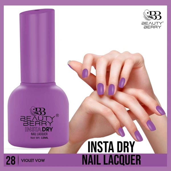 Beauty Berry Insta Dry Nail Lacquer Voilet Vow 28 - 13ml | Quick-Dry & Long-Lasting | High Shine & Smooth Application | Elegant Violet Shade for Sophisticated Nails