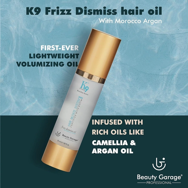 Beauty Garage Professional K9 Frizz Dismiss Oil | Tame Frizz & Add Shine with Beauty Garage | Hydrating Hair Oil for Frizz Control | Protect & Smooth Your Hair | Heat Protection | 100ml