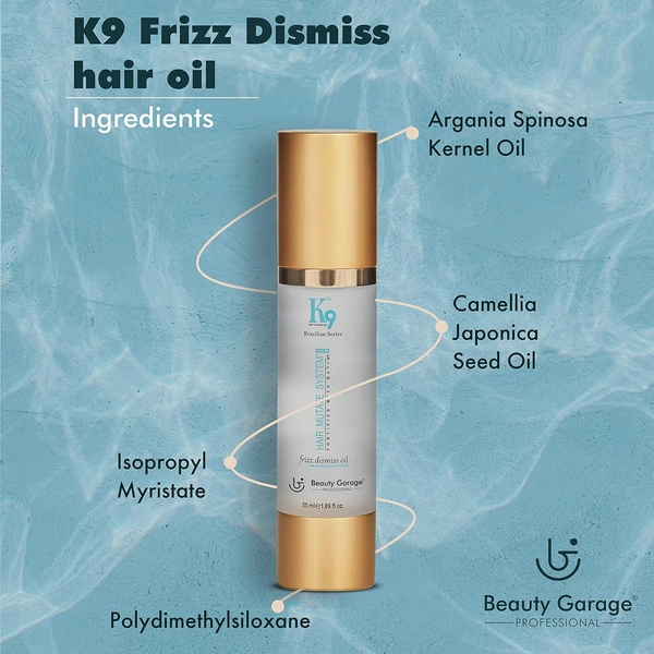 Beauty Garage Professional K9 Frizz Dismiss Oil | Tame Frizz & Add Shine with Beauty Garage | Hydrating Hair Oil for Frizz Control | Protect & Smooth Your Hair | Heat Protection | 100ml