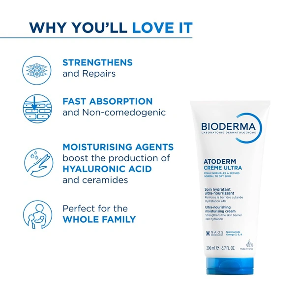 Bioderma Atoderm Cr�me Ultra-Nourishing Moisturizer 200ml | For Normal to Sensitive Dry Skin | Deep Hydration & Skin Barrier Repair | Face & Body Cream