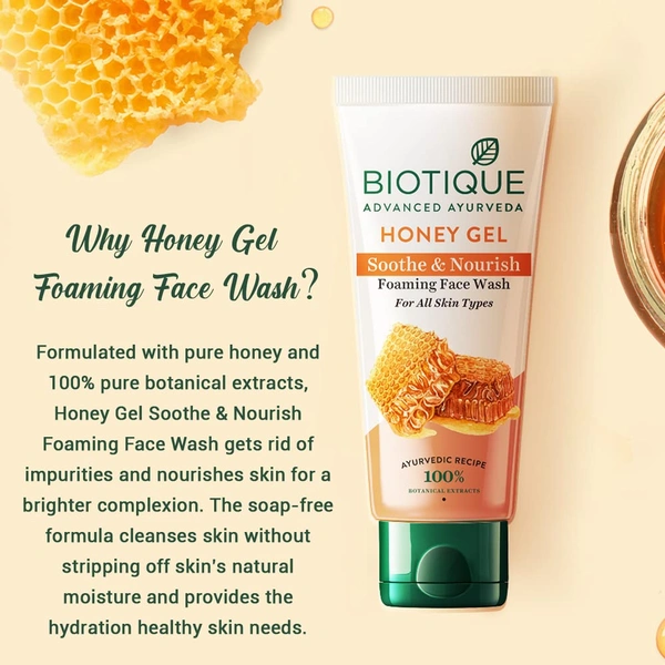 Biotique Honey Gel Soothe & Nourish Foaming Face wash 100ml | Gentle Cleansing Face Wash | Honey and Turmeric Cleanse | Non-Drying Face Wash | 100% Botanical Extracts | for All Skin Types |
