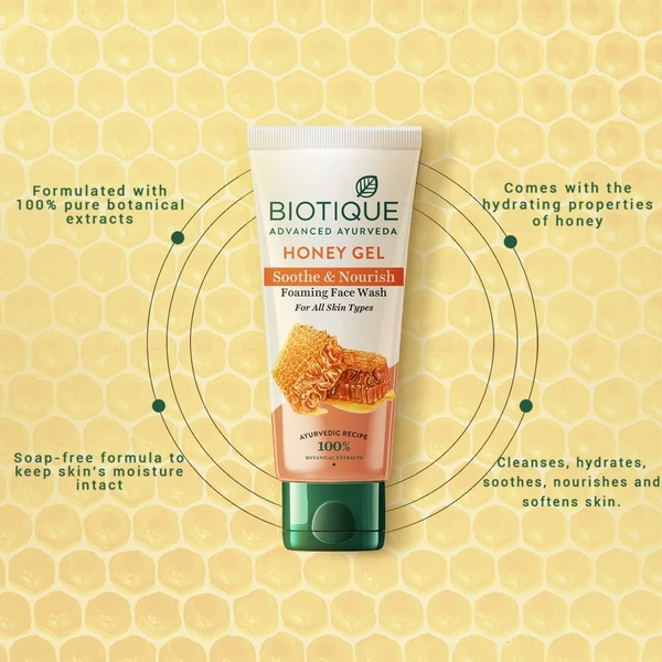 Biotique Honey Gel Soothe & Nourish Foaming Face wash 100ml | Gentle Cleansing Face Wash | Honey and Turmeric Cleanse | Non-Drying Face Wash | 100% Botanical Extracts | for All Skin Types |