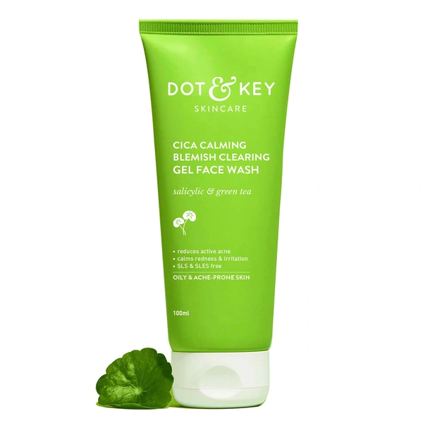 Dot & Key DOT & KEY CICA Calming Blemish Clearing Gel Face Wash | with Salicylic Acid & Green Tea | For Oily & Sensitive Skin | Reduces Active Acne | Oil Control Face Wash | Calm & Clear Acne-Prone Skin | Reduce Redness & Irritation |100ml