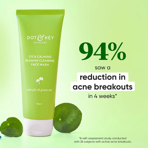 Dot & Key DOT & KEY CICA Calming Blemish Clearing Gel Face Wash | with Salicylic Acid & Green Tea | For Oily & Sensitive Skin | Reduces Active Acne | Oil Control Face Wash | Calm & Clear Acne-Prone Skin | Reduce Redness & Irritation |100ml