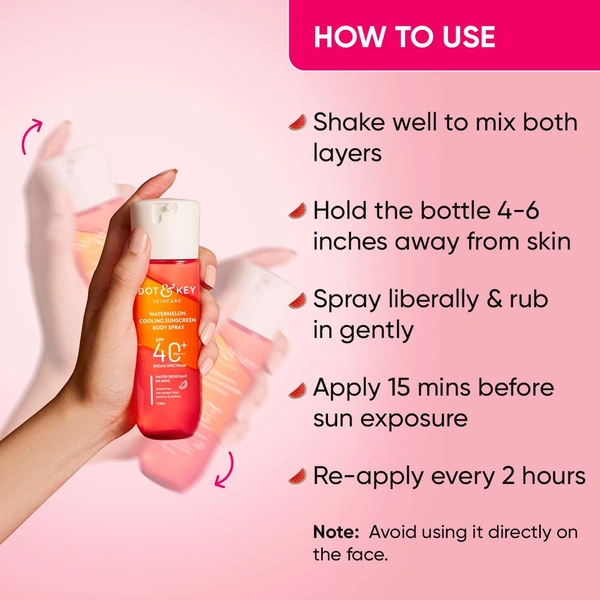 Dot & Key DOT & KEY Watermelon Cooling Sunscreen Body Spray� 110ml | SPF 40 Pa+++ | Sun Protection Lotion | Broad Spectrum | Alcohol Free | Non Greasy & Sticky | Cooling Effect | For All Skin Types