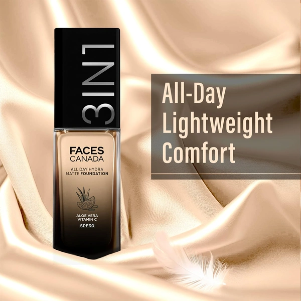 Faces Canada All Day Hydra Matte Liquid Foundation 30ml, Warm Natural 021 | 3-in-1 Foundation + Moisturizer + SPF 30 | Aloe Hydration, Vitamin C, 10Hr Long Wear Coverage