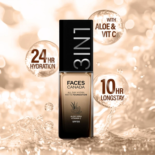 Faces Canada All Day Hydra Matte Liquid Foundation 30ml, Warm Natural 021 | 3-in-1 Foundation + Moisturizer + SPF 30 | Aloe Hydration, Vitamin C, 10Hr Long Wear Coverage