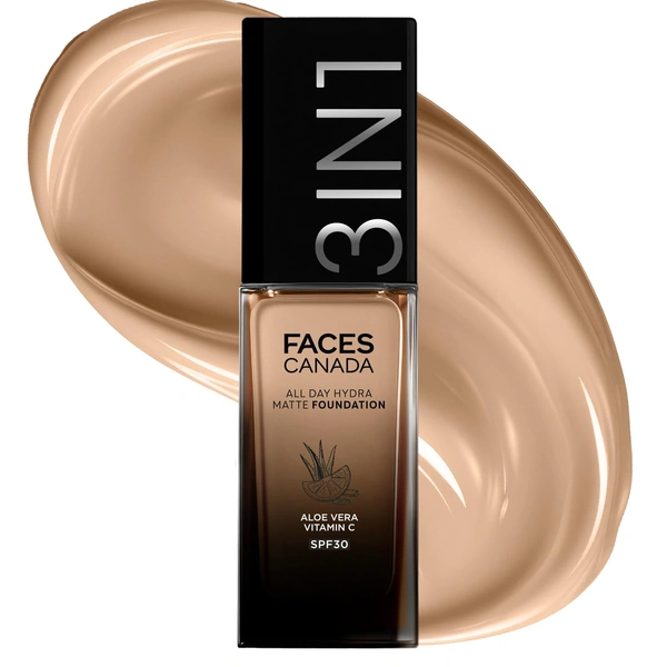 Faces Canada All Day Hydra Matte Liquid Foundation 30ml, Medium Natural 022 | 3-in-1 Foundation + Moisturizer + SPF 30 | Aloe Hydration, Vitamin C, 10Hr Long Wear Coverage